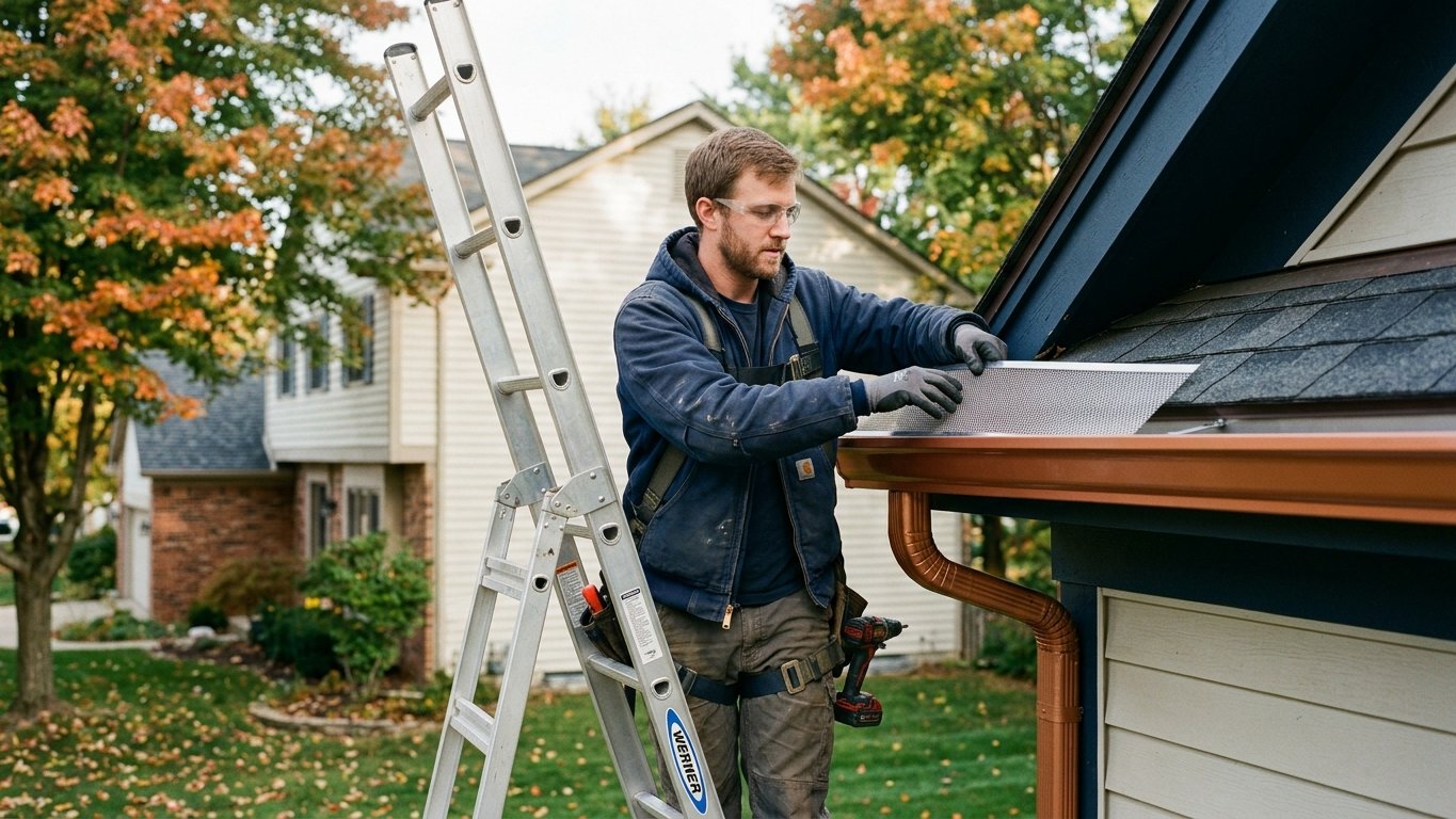 Installer fitting micro-mesh gutter guards along a Northville home's roofline